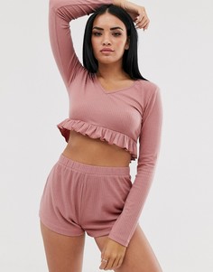 Розовая пижама в рубчик из топа с оборкой и шортов Missguided - Розовый