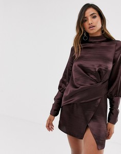 Атласное платье мини с длинными рукавами и драпировкой ASOS DESIGN - Фиолетовый