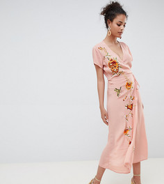 Платье макси с вышивкой и короткими рукавами Miss Selfridge - Розовый