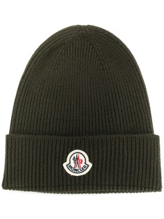 Moncler ribbed logo beanie hat