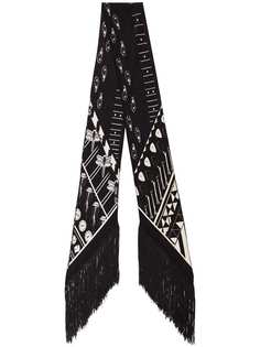 Rockins black printed fringe skinny silk scarf