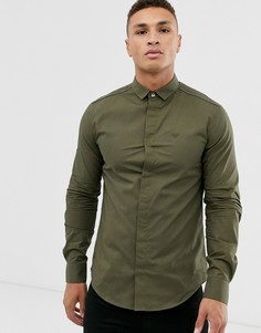 Облегающая рубашка хаки с длинными рукавами и окантовкой Emporio Armani - Зеленый