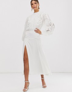 Платье миди с пышными рукавами на манжетах и элегантной вышивкой ASOS EDITION - Белый