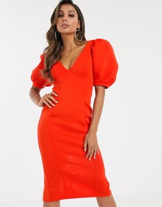 Платье миди с пышными рукавами и отделочными швами ASOS DESIGN - Красный