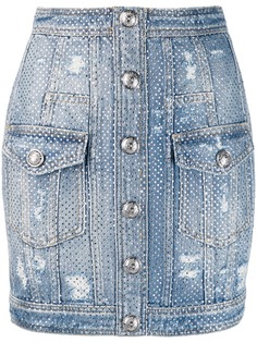Balmain юбка со стразами и эффектом потертости