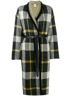 Nude belted checked coat