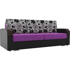 Прямой диван Лига Диванов Мейсон микровельвет фиолетовый экокожа черный подушки рогожка на флоке