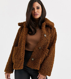Коричневая искусственная шуба на пуговицах ASOS DESIGN Petite - Коричневый