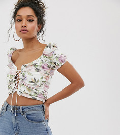 Топ с объемными рукавами, шнуровкой и цветочным принтом ASOS DESIGN Petite - Мульти