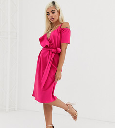 Розовое платье миди с запахом и открытыми плечами Boohoo Petite - Розовый