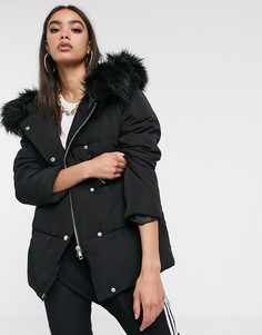 Черная дутая куртка с регулируемой талией и искусственным мехом на капюшоне ASOS DESIGN - Черный
