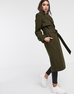 Пальто цвета хаки с поясом и контрастной строчкой ASOS DESIGN - Зеленый