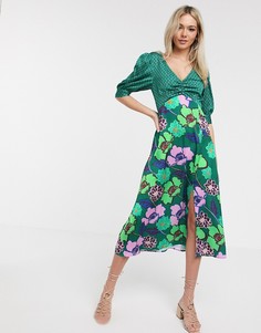 Зеленое атласное платье миди с цветочным принтом Liquorish - Зеленый