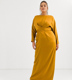 Атласное платье макси с запахом и рукавами летучая мышь ASOS DESIGN Curve - Желтый