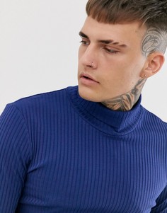 Темно-синий облегающий лонгслив в рубчик с высоким воротом ASOS DESIGN - Темно-синий