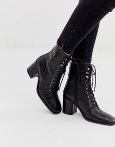 Черные кожаные ботинки на шнуровке с квадратным носком и крокодиловым узором ASOS DESIGN Rivet - Черный