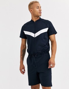 Темно-синий короткий комбинезон из политрикотажа с шевронной вставкой ASOS DESIGN - Темно-синий