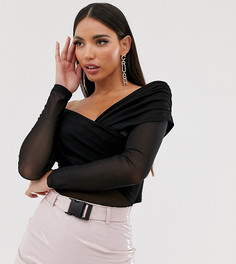 Черное боди с открытыми плечами, запахом и сетчатыми рукавами ASOS DESIGN Tall - Черный