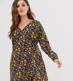 Чайное платье с длинными рукавами и цветочным принтом Wednesdays Girl Curve - Черный
