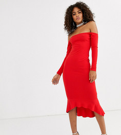 Красное платье миди с открытыми плечами и асимметричным подолом Missguided Tall - Красный