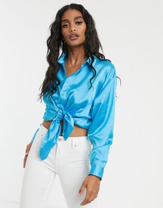 Ярко-голубая атласная oversize-рубашка Missguided - Синий