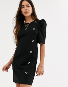Черное платье мини с пышными рукавами и пуговицами River Island - Черный