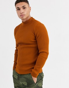 Светло-коричневый обтягивающий джемпер в рубчик с высоким воротником ASOS DESIGN - Рыжий