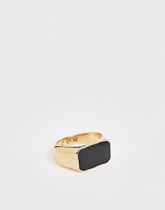 Золотистое кольцо-печатка с прямоугольным черным камнем Icon Brand - Золотой