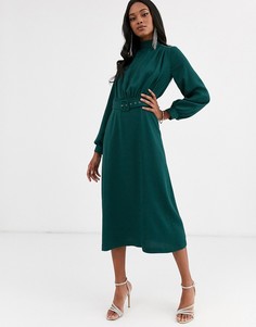 Зеленое платье миди с высоким воротником и поясом Closet London (forest