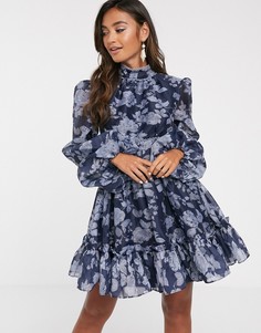 Платье мини с цветочным принтом и объемными рукавами Keepsake halo - Темно-синий