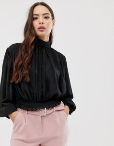 Блузка с высоким воротом и сборками на рукавах Girl In Mind - Черный