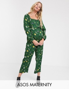 Зеленый комбинезон на пуговицах с цветочным принтом ASOS DESIGN Maternity - Мульти