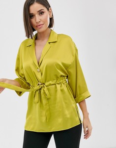 Желто-зеленая атласная рубашка со сборками на талии River Island - Желтый