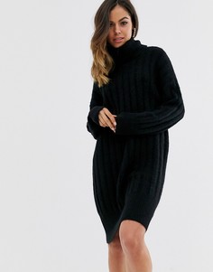 Черное платье джемпер в рубчик и с отворачивающимся воротом New Look - Черный