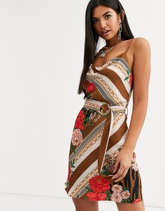 Коричневое платье-комбинация с ремнем River Island - Коричневый