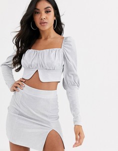 Комбинируемый топ с квадратным вырезом, пышными рукавами и эффектом металлик ASOS DESIGN - Серебряный