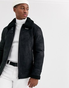 Черная куртка авиатор с искусственным мехом Topman - Черный
