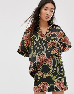 Черная длинная атласная блузка-oversize с принтом цепочек Monki - Черный