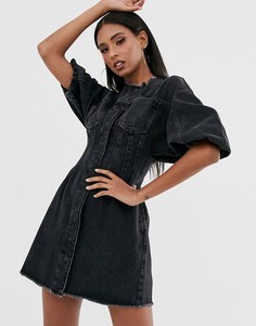 Джинсовое платье мини с необработанными краями и пышными рукавами ASOS DESIGN - Черный