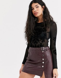 Черное сетчатое боди с длинными рукавами Bershka - Черный