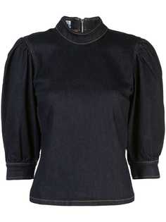 Ganni denim high collar blouse