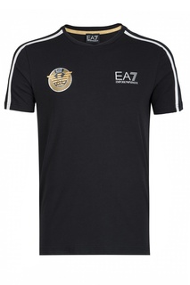 Черная футболка с белым декором EA7