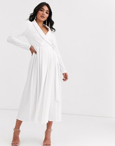 Платье-рубашка миди с плиссированной юбкой и пряжкой ASOS DESIGN - Белый