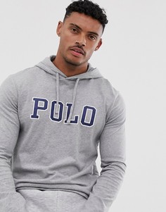 Серый меланжевый лонгслив с капюшоном и большим логотипом Polo Ralph Lauren - Серый