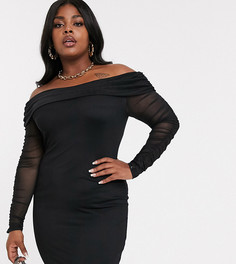 Черное платье мини со сборками и сетчатой отделкой PrettyLittleThing Plus - Черный