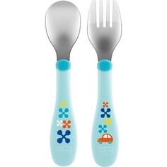 Набор для кормления Chicco (ложка и вилка) 00016102200000, нерж. сталь,18 мес.+, голубой