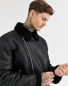 Черная байкерская куртка с подкладкой из искусственного меха ASOS DESIGN - Черный