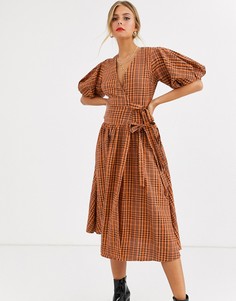 Платье миди в клетку с запахом и пышными рукавами ASOS DESIGN - Мульти
