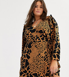 Платье мини с запахом, пышными рукавами и звериным принтом ASOS DESIGN Curve - Мульти