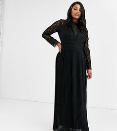 Черное плиссированное платье макси с кружевом и длинными рукавами TFNC Plus - Черный